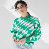 Unique Argyle Checkered Print High Neck Drop Shoulder Sweater